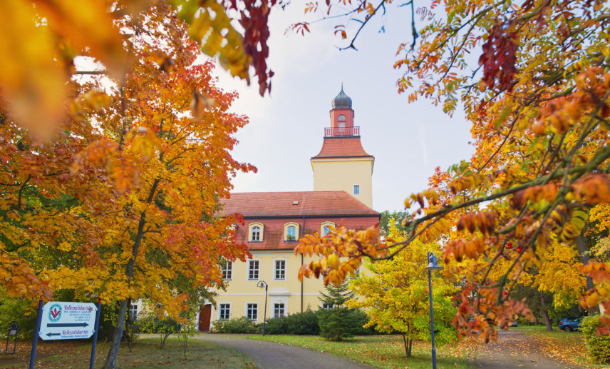 Die Bäume auf dem Schlossplatz in Glaubitz tragen Herbstfarben.