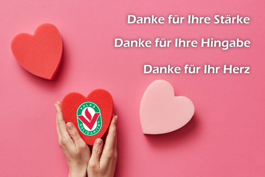 Zwei Hände umfassen ein Herz mit Logo der Volkssolidarität
