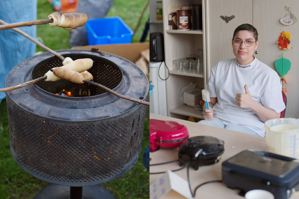 Eine Collage zeigt Knüppelbrot, das über einem Feuer gebacken wird, und die Zubereitung von frischen Waffeln.