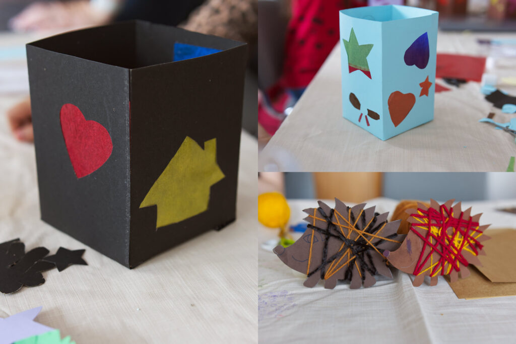 Eine Collage zeigt selbstgebastelte Lampions und Igel.